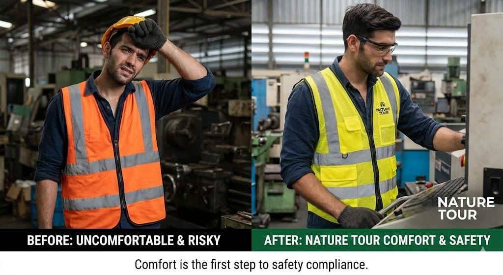 In a factory workshop, you've likely witnessed this scene: When a security inspector approaches, workers neatly don their helmets and pull up their reflective vests; as soon as the inspector turns away, the workers immediately push their helmets back or simply loosen their sweltering reflective vests to cool down. As a factory purchasing agent, you might feel frustrated: "I've clearly spent money on the best protective equipment, so why don't they like wearing it?" The Psychological Truth: Uncomfortable Protection is an "Invisible" Danger Imagine working continuously for 8 hours in a 35°C workshop wearing a non-breathable plastic vest. Could you still concentrate 100% on the rotating gears? Attention Dilution: When a person's skin is itchy, their toes are squeezed, and their forehead is sweating, the brain automatically allocates a significant amount of attention to processing this discomfort. In precision work, even a 1% distraction can lead to fatal errors. Emotional Fatigue: Inferior protective equipment significantly increases workers' irritability. An anxious worker is more likely to violate safety regulations in order to "get it over with quickly." The root cause of these violations: Poor comfort is the fundamental reason for improper use. If PPE felt as natural as a second skin, who would deliberately risk their life to remove it? Nature Tour's perspective: True safety is not achieved through "force," but through "unnoticeable" comfort. Deconstruction: Design Flaws That Make Workers Want to "Run Away" To make our procurement work more professional, let's look at the three issues workers hate most and how Nature Tour addresses them: 1. The "Sauna Effect" of Reflective Vests Issue: Many cheap reflective vests use airtight, low-quality synthetic fibers to reduce costs. Wearing them feels like being wrapped in a plastic bag; after half a day, the vests are soaked with sweat. Nature Tour's Solution: We use hexagonal mesh (Bird's Eye Mesh), utilizing air convection to allow heat to dissipate quickly from the skin. Our goal is to make workers feel like they are only wearing an extra layer of "air." 2. Safety Shoes: "Like Lead" Complaint: Traditional steel-toed shoes are bulky and stiff. After walking 20,000 steps a day, workers' ankles and arches can suffer irreversible damage. Nature Tour Solution: We introduce a composite fiber toe cap, which is 40% lighter than traditional steel-toed shoes, combined with a shock-absorbing secondary foam sole. This gives safety shoes the feel of "running shoes." 3. Goggles: "Fog Crisis" Complaint: Breathed breath often causes the lenses to fog up, forcing workers to frequently remove their goggles to see the workpiece clearly. Nature Tour Solution: Utilizes a double-sided ultra-strong anti-fog coating. Regardless of temperature changes, visibility remains clear, completely eliminating the excuse for workers to remove their goggles. Conclusion: A Small Step in Procurement, a Giant Leap for Safety As a procurement manager, you hold not just an order in your hands, but the peace of hundreds of families. The next time you evaluate a supplier, besides looking at the price, try walking around in those shoes yourself, and spend ten minutes in that reflective vest in the warehouse. If you're not willing to wear them, don't expect the workers to.