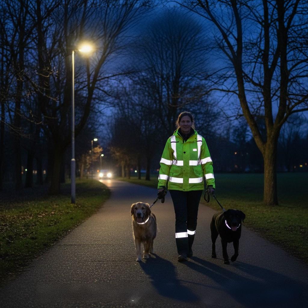 Benefits of wearing reflective clothing for dog walkers.