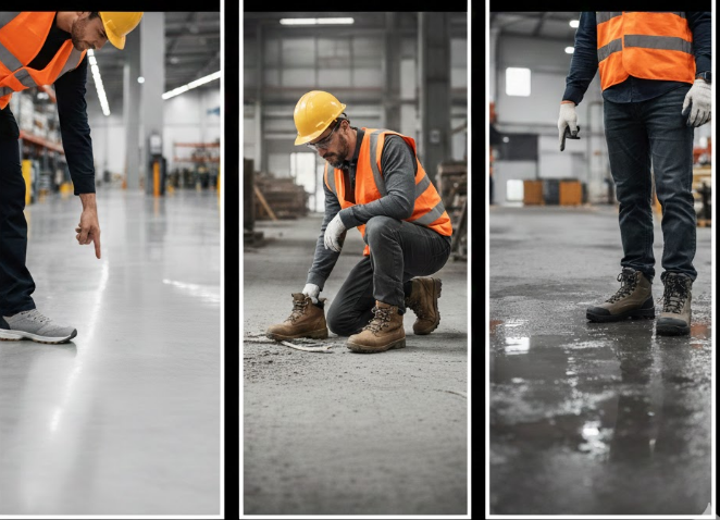 What types of safety shoes should be chosen for different ground conditions (epoxy flooring, cement flooring, damp flooring)?